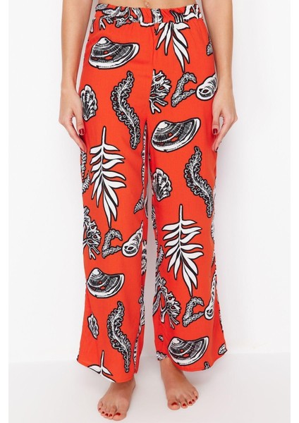 Kadın Yeni Moda Ispanyol Paça Regular Boy Dokuma Çiçek Desenli Pantolon