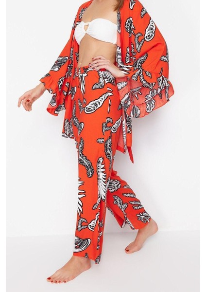 Kadın Yeni Moda Ispanyol Paça Regular Boy Dokuma Çiçek Desenli Pantolon modelleri