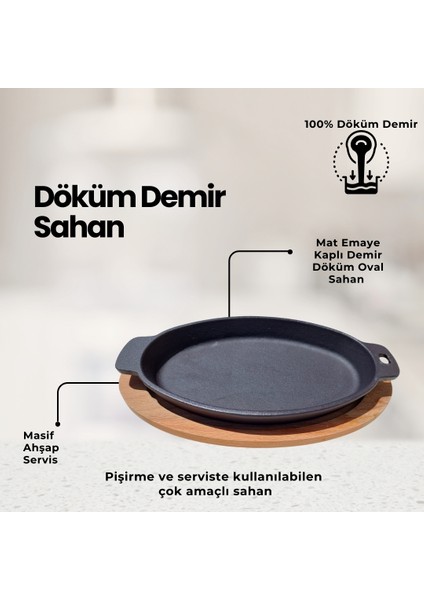 Döküm Demir Oval Fajita, Pişirme ve Servis Tabağı, 11*18 Cm, Emaye Kaplı