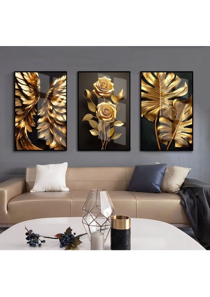 Siyah-Gold Gül/kanat/yaprak Kombini |çerçeveli Cam Tablo 3lü Dikey
