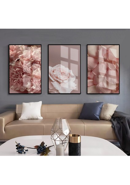 Gül Kurusu Çiçek Kombin 01 |çerçeveli Cam Tablo 3lü Dikey