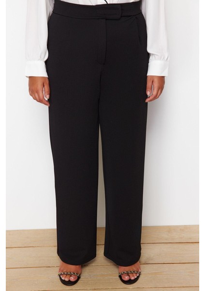 Kadın Yeni Moda Büyük Beden Geniş Paça Uzun Boy Örme Kemeri Cırtlı Pileli Wide Leg Örme Pantolon