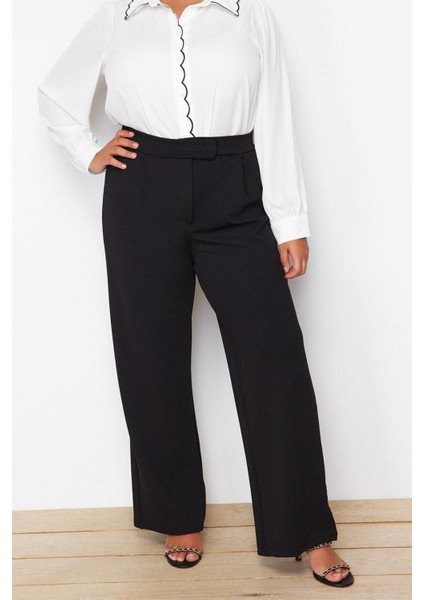 Kadın Yeni Moda Büyük Beden Geniş Paça Uzun Boy Örme Kemeri Cırtlı Pileli Wide Leg Örme Pantolon