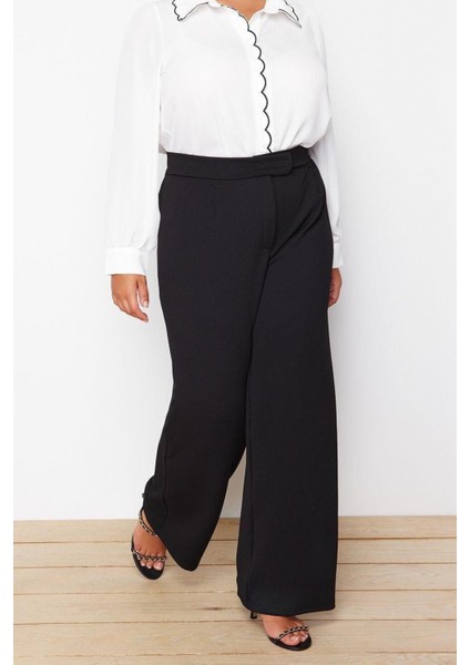 Kadın Yeni Moda Büyük Beden Geniş Paça Uzun Boy Örme Kemeri Cırtlı Pileli Wide Leg Örme Pantolon