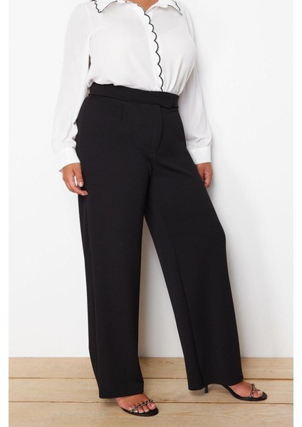 Kadın Yeni Moda Büyük Beden Geniş Paça Uzun Boy Örme Kemeri Cırtlı Pileli Wide Leg Örme Pantolon