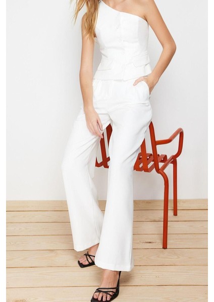 Kadın Yeni Moda Boru Paça Regular Boy Dokuma Wide Leg Geniş Paça Yüksek Bel Pantolon