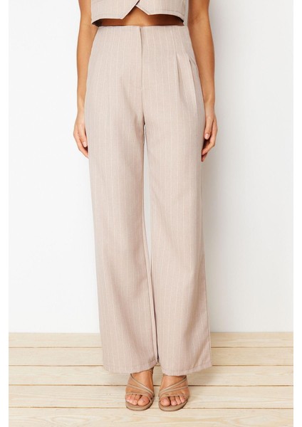 Kadın Yeni Moda Geniş Paça Uzun Boy Dokuma Wide Leg Geniş Paça Çizgili Pantolon