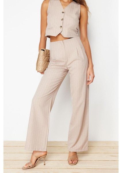 Kadın Yeni Moda Geniş Paça Uzun Boy Dokuma Wide Leg Geniş Paça Çizgili Pantolon fiyatları