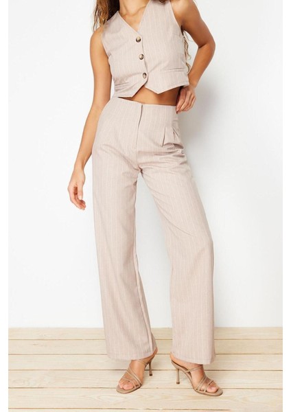 Kadın Yeni Moda Geniş Paça Uzun Boy Dokuma Wide Leg Geniş Paça Çizgili Pantolon modelleri