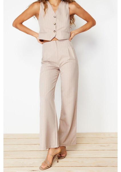 Kadın Yeni Moda Geniş Paça Uzun Boy Dokuma Wide Leg Geniş Paça Çizgili Pantolon fırsatları