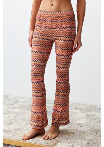 Kadın Yeni Moda Geniş Paça Uzun Boy Örme Geometrik Desenli Örme Pantolon