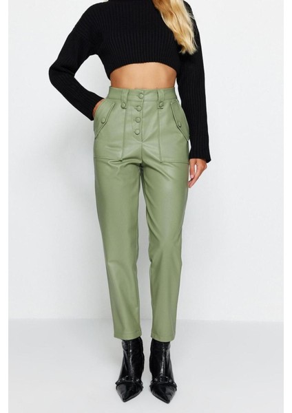 Kadın Yeni Moda Dar Paça Regular Boy Dokuma Yeşil Havuç Önden Düğmeli Suni Deri Pantolon