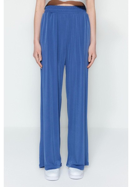 Kadın Yeni Moda Geniş Paça Regular Boy Örme Wide Leg Rahat Kesim Yüksek Bel Esnek Örme Pantolon