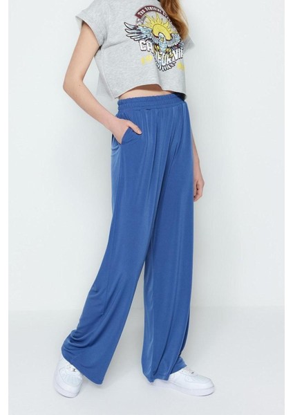 Kadın Yeni Moda Geniş Paça Regular Boy Örme Wide Leg Rahat Kesim Yüksek Bel Esnek Örme Pantolon