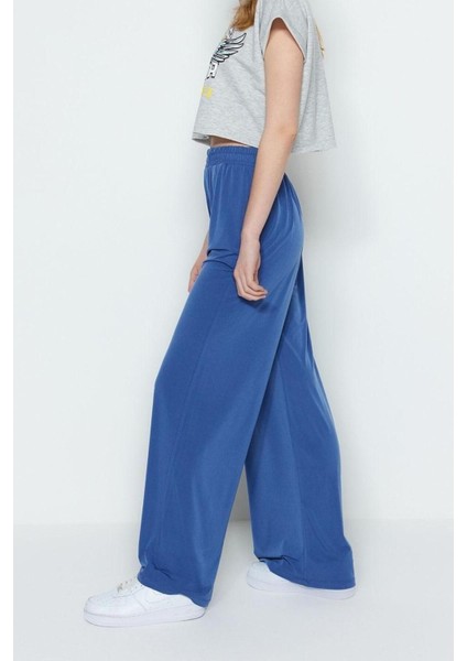 Kadın Yeni Moda Geniş Paça Regular Boy Örme Wide Leg Rahat Kesim Yüksek Bel Esnek Örme Pantolon