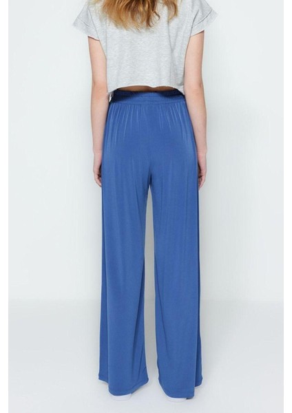 Kadın Yeni Moda Geniş Paça Regular Boy Örme Wide Leg Rahat Kesim Yüksek Bel Esnek Örme Pantolon