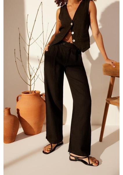 Kadın Yeni Moda Geniş Paça Uzun Boy Dokuma %100 Keten Pileli Yüksek Bel Wide Leg Pantolon fiyatları