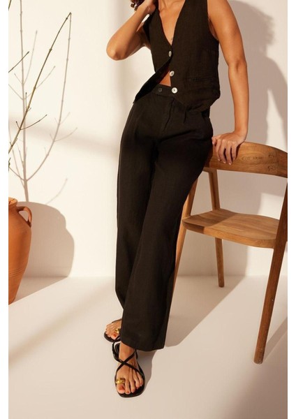 Kadın Yeni Moda Geniş Paça Uzun Boy Dokuma %100 Keten Pileli Yüksek Bel Wide Leg Pantolon modelleri