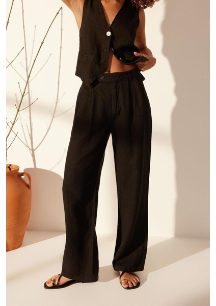 Kadın Yeni Moda Geniş Paça Uzun Boy Dokuma %100 Keten Pileli Yüksek Bel Wide Leg Pantolon fırsatları