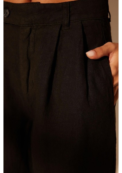 Kadın Yeni Moda Geniş Paça Uzun Boy Dokuma %100 Keten Pileli Yüksek Bel Wide Leg Pantolon indirimleri
