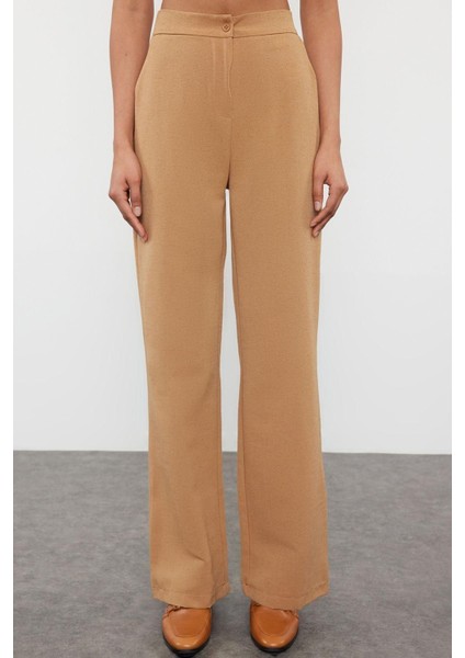Kadın Yeni Moda Geniş Paça Regular Boy Dokuma Keten Görünümlü Düz Kesim Pantolon