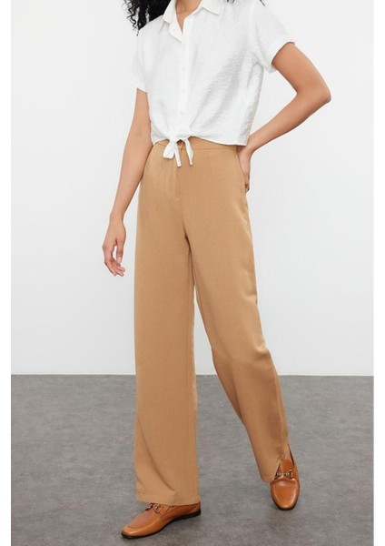 Kadın Yeni Moda Geniş Paça Regular Boy Dokuma Keten Görünümlü Düz Kesim Pantolon fiyatları