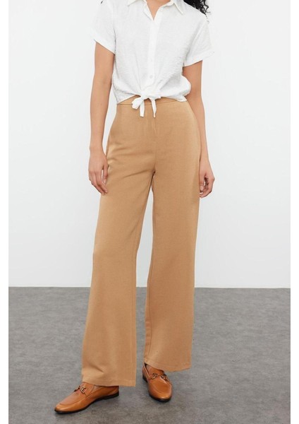 Kadın Yeni Moda Geniş Paça Regular Boy Dokuma Keten Görünümlü Düz Kesim Pantolon modelleri