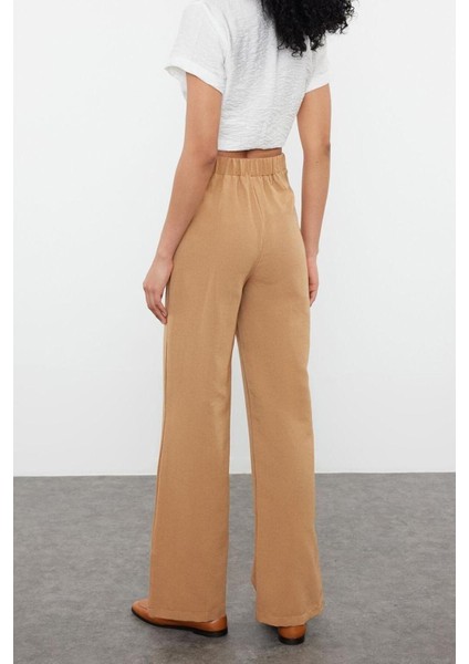 Kadın Yeni Moda Geniş Paça Regular Boy Dokuma Keten Görünümlü Düz Kesim Pantolon indirimleri