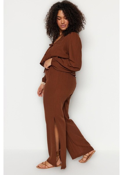 Kadın Moda Büyük Beden Geniş Paça Uzun Boy Dokuma Yırtmaçlı Yüksek Bel Bürümcük Plaj Giyim Pantolon
