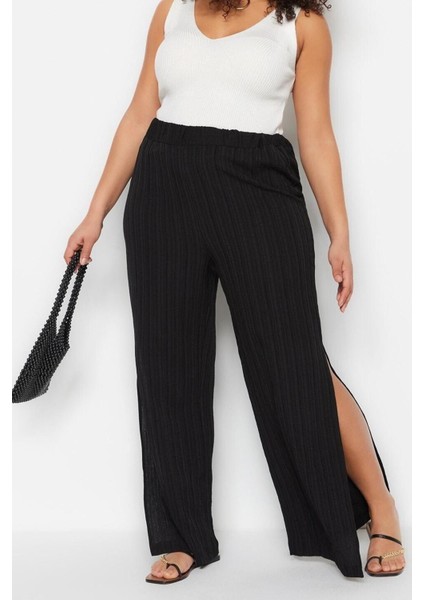 Kadın Moda Büyük Beden Geniş Paça Uzun Boy Dokuma Yırtmaçlı Yüksek Bel Bürümcük Plaj Giyim Pantolon