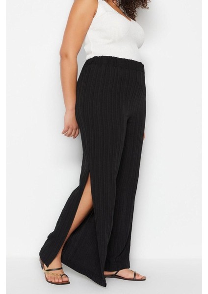 Kadın Moda Büyük Beden Geniş Paça Uzun Boy Dokuma Yırtmaçlı Yüksek Bel Bürümcük Plaj Giyim Pantolon