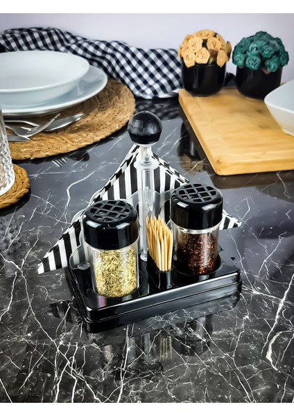 Peçetelik ve Kürdanlıklı 2li Baharatlık Pul Biber ve Kekik Seti Piano Black Renkli