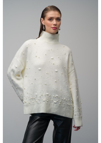 Balıkçı Yaka Inci Detaylı Oversize Triko Kazak Ekru 8240