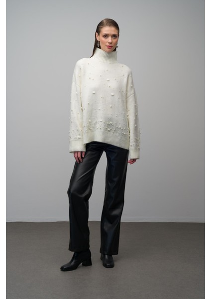 Balıkçı Yaka Inci Detaylı Oversize Triko Kazak Ekru 8240 fiyatları