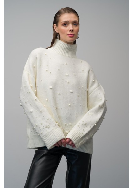 Balıkçı Yaka Inci Detaylı Oversize Triko Kazak Ekru 8240 indirimleri