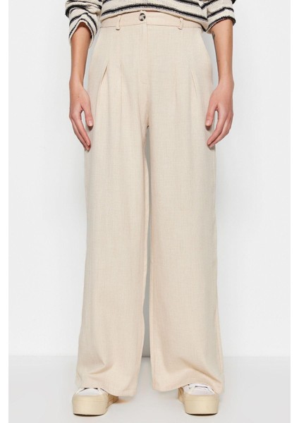 Kadın Yeni Moda Geniş Paça Uzun Boy Dokuma Keten Görünümlü Wide Leg Geniş Paça Pantolon