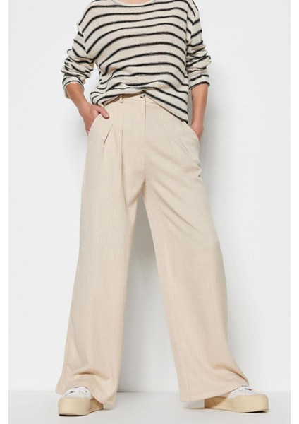 Kadın Yeni Moda Geniş Paça Uzun Boy Dokuma Keten Görünümlü Wide Leg Geniş Paça Pantolon modelleri