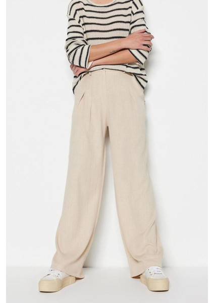 Kadın Yeni Moda Geniş Paça Uzun Boy Dokuma Keten Görünümlü Wide Leg Geniş Paça Pantolon fırsatları