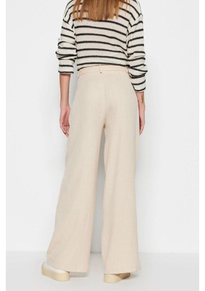 Kadın Yeni Moda Geniş Paça Uzun Boy Dokuma Keten Görünümlü Wide Leg Geniş Paça Pantolon indirimleri