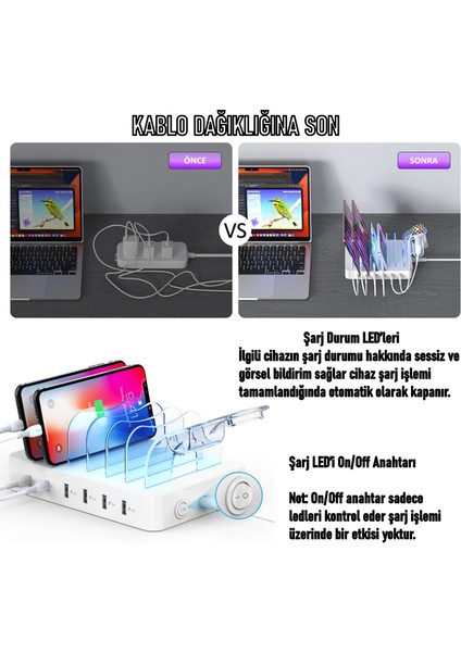 CS60 Power Delivery (PD) 3.0 60W/12A 6 Port Masaüstü USB Çoklu Şarj İstasyonu Şarj Stantı