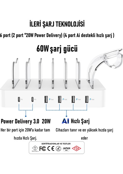 CS60 Power Delivery (PD) 3.0 60W/12A 6 Port Masaüstü USB Çoklu Şarj İstasyonu Şarj Stantı