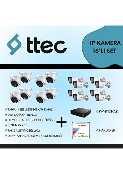 Sesli Kayıt Cihazlı Tak Çalıştır Ip Kamera 16'lı Set