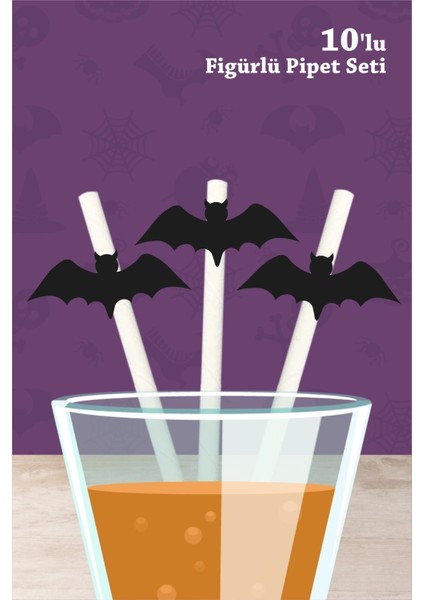 halloween cadılar bayramı yarasa temalı 10'lu figürlü pipet seti
