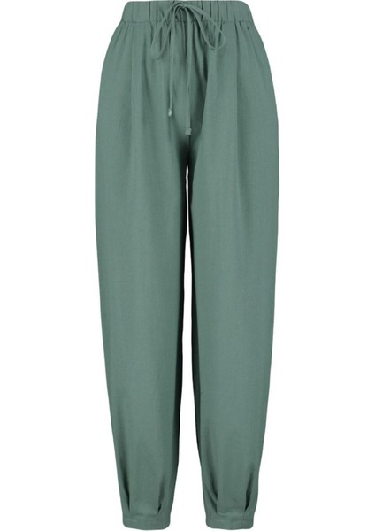 Kadın Yeni Moda Lastikli Paça Uzun Boy Dokuma 100% Pamuk Pantolon