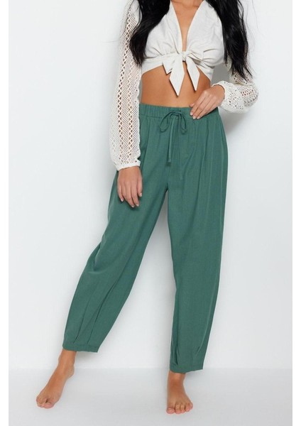 Kadın Yeni Moda Lastikli Paça Uzun Boy Dokuma 100% Pamuk Pantolon