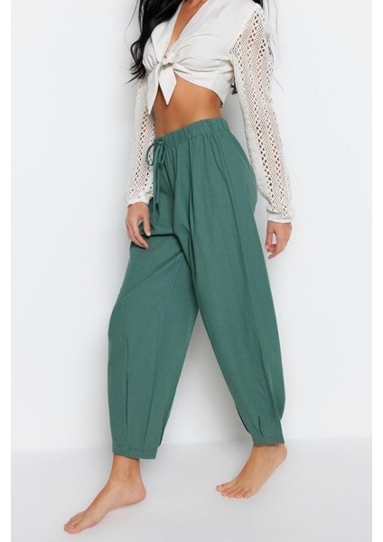 Kadın Yeni Moda Lastikli Paça Uzun Boy Dokuma 100% Pamuk Pantolon