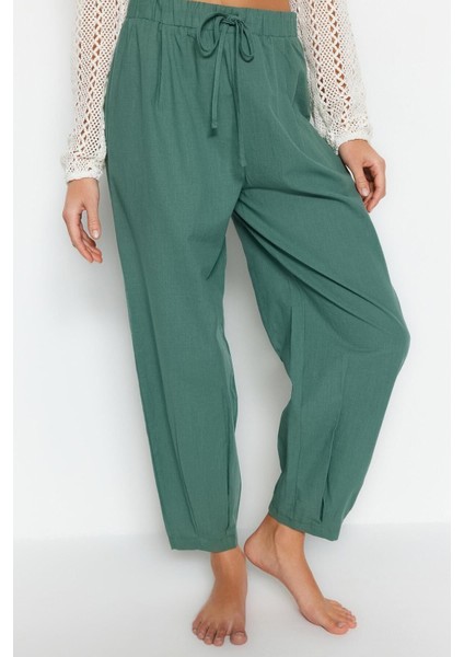 Kadın Yeni Moda Lastikli Paça Uzun Boy Dokuma 100% Pamuk Pantolon
