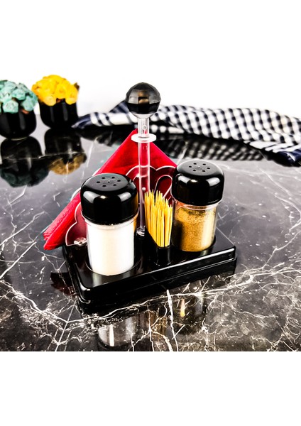 Peçetelik ve Kürdanlıklı 2li Baharatlık Seti Piano Black Renkli