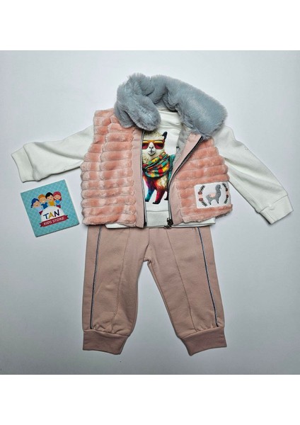 Kürk Yelekli Koyun Baskılı 3'lü Kız Takım