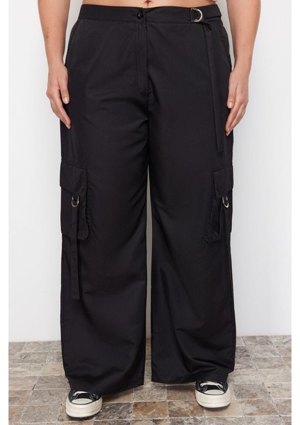 Kadın Yeni Moda Büyük Beden Geniş Paça Uzun Boy Dokuma Geniş Paça Kargo Cepli Paraşüt Pantolon